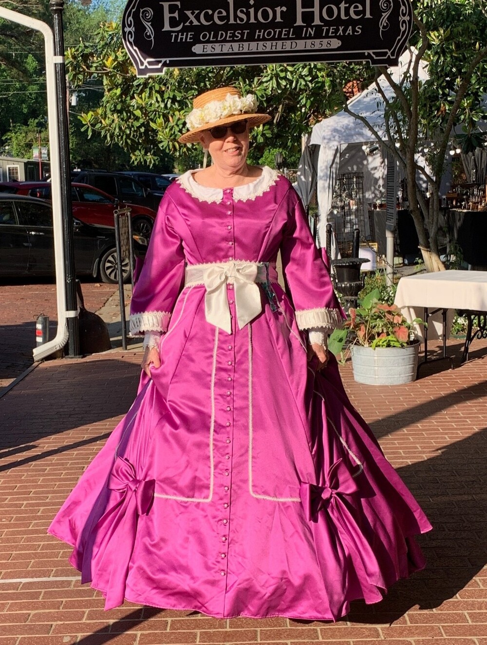 Fuchsia Satin Victorian 1860s Reenacting Dress with Ivory Trim.